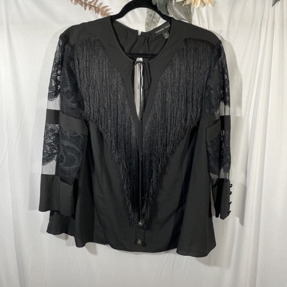 NEW Tadashi Shoji [ 14 ] Felicia Fringe & Lace Blouse Top in‎ Black - Picture 3 of 16